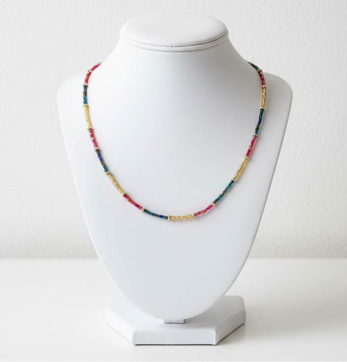Blue red and gold necklace