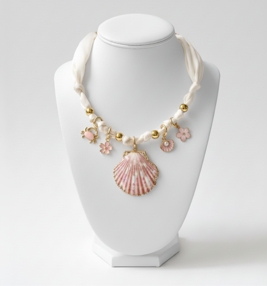 Pink shell charm white scarf necklace