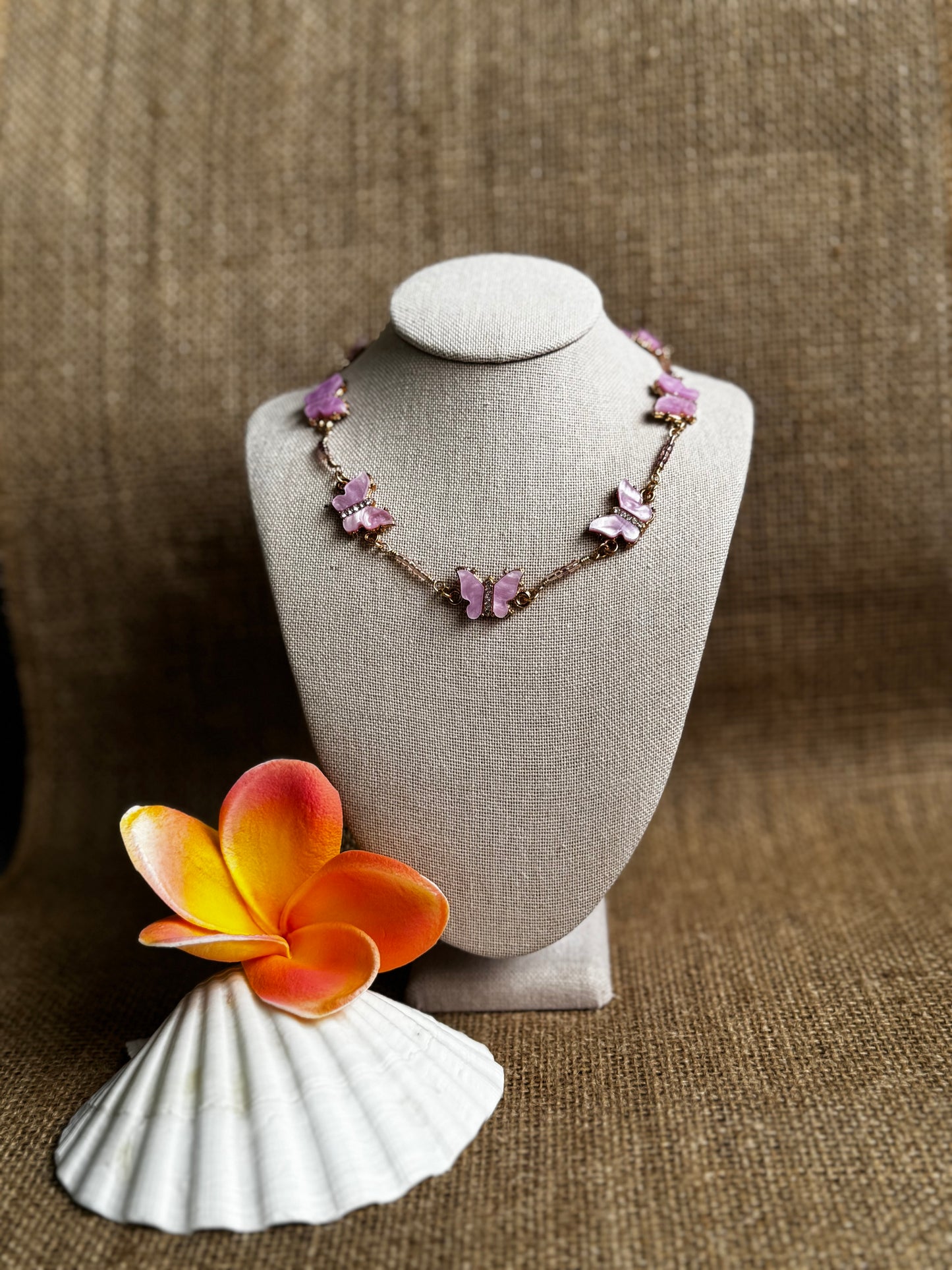 Purple gold butterfly necklace