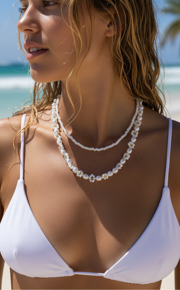 White beaded flower set necklace