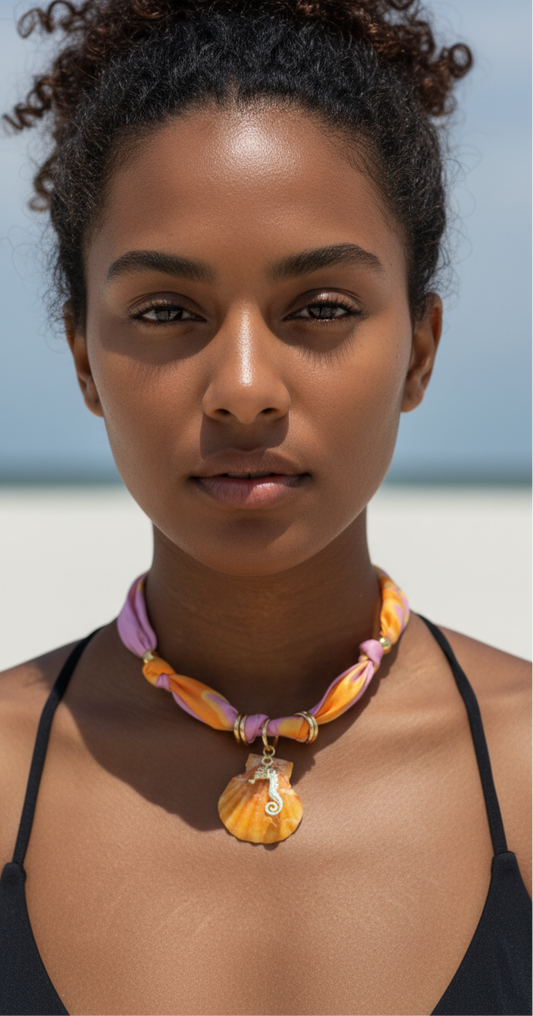 Orange seahorse scarf necklace