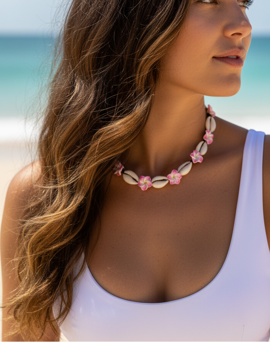Pink flower Corwie shell ajustable necklace