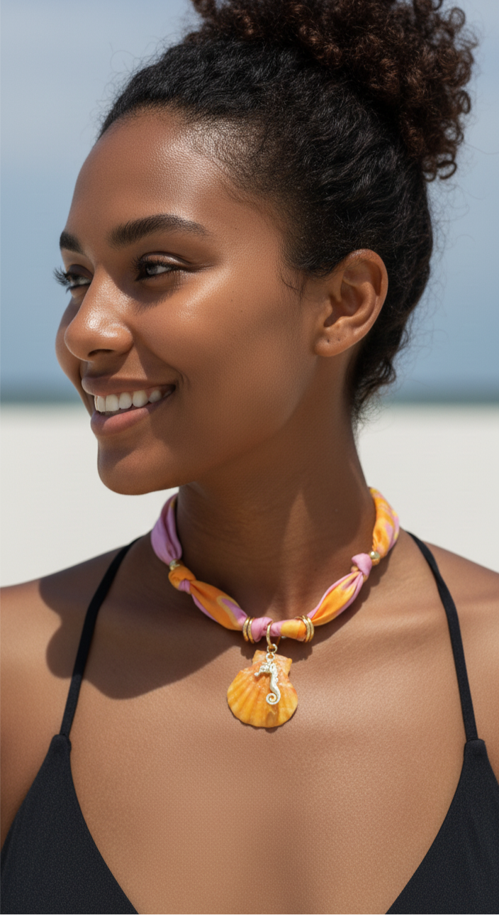 Orange seahorse scarf necklace