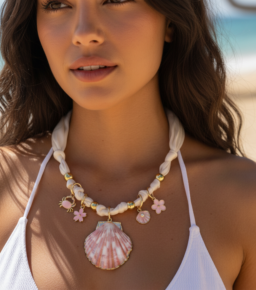 Pink shell charm white scarf necklace