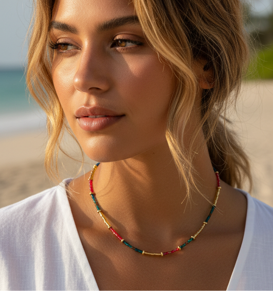 Blue red and gold necklace