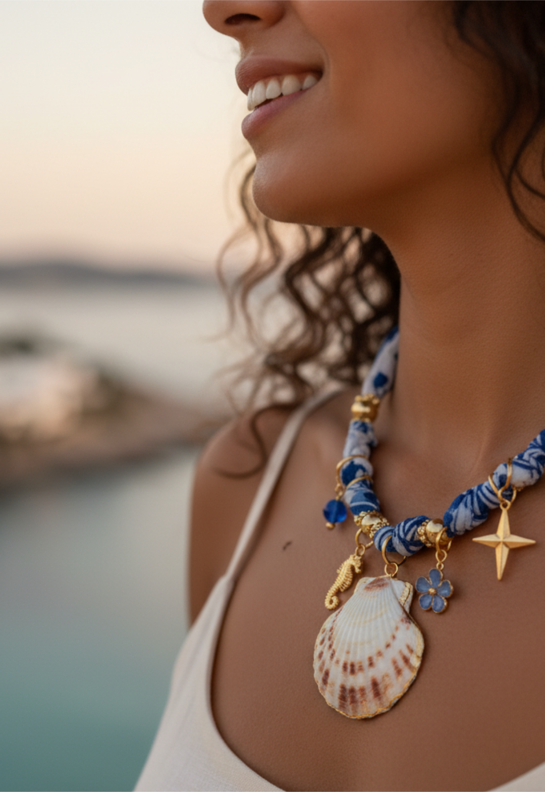 Royal blue seashell scarf necklace