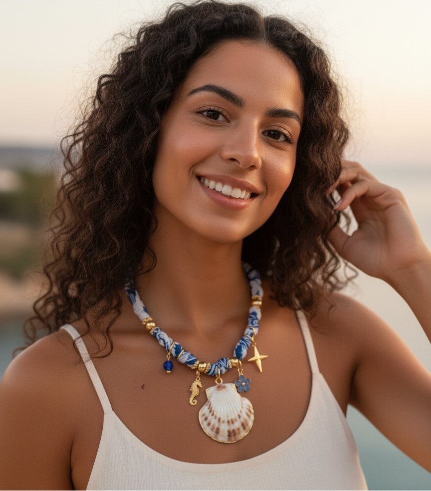 Royal blue seashell scarf necklace