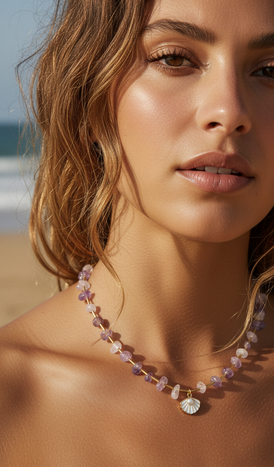 Purple clam shell necklace