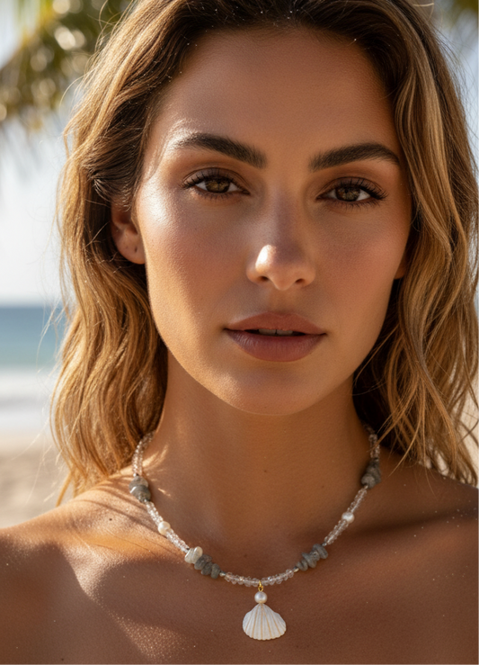 Grey crystal shell beaded necklace