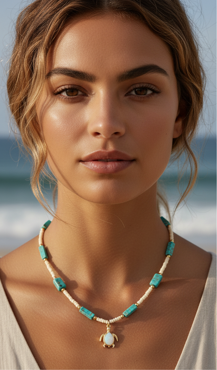 Blue turtle beaded necklace